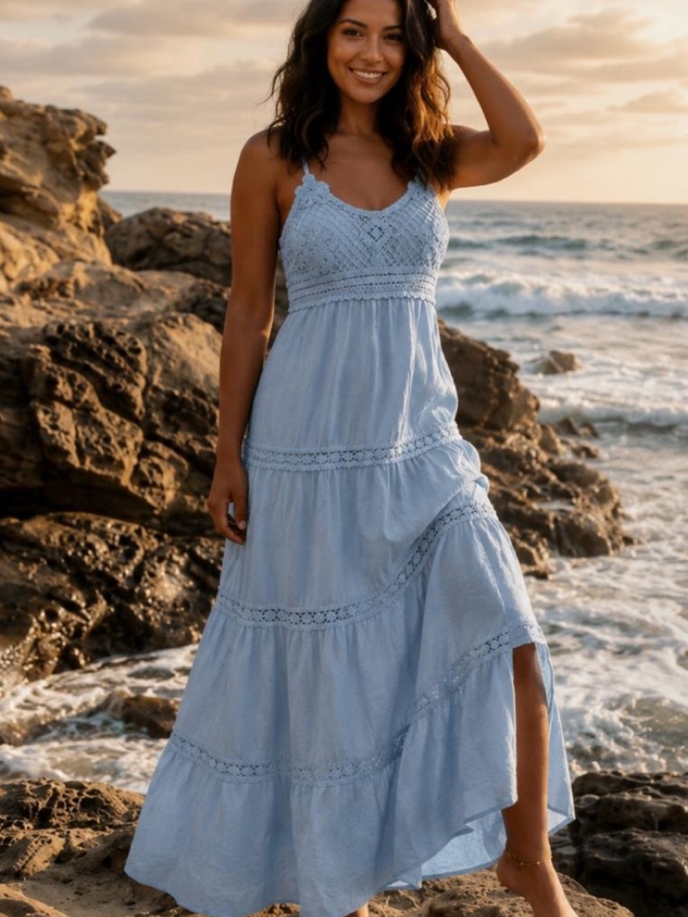 La Diosa Light blue maxi dress with lace trim and tiered skirt